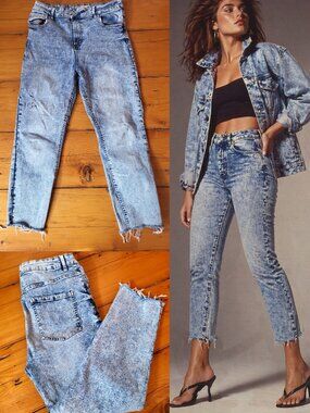 Refuge Denim Acid Wash Slim Straight Jeans Cropped Raw Hem Distressed Size 11